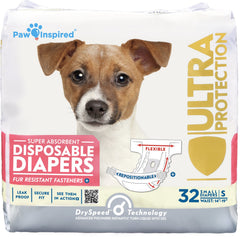 Paw Inspired 32ct disposable dog diapers pack keeps small dogs clean at home or on the go.