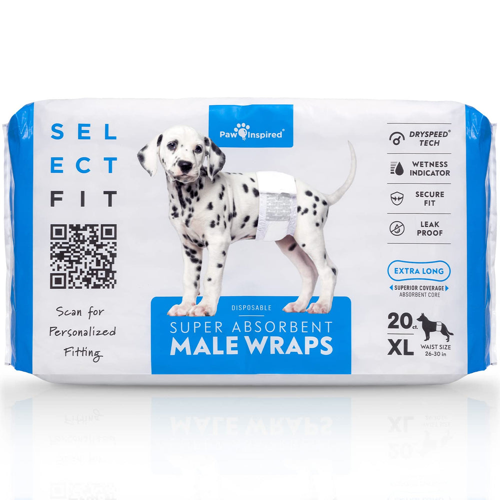 Paw Inspired Select Fit male diapers with coverage-core for secure protection.