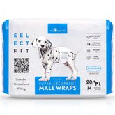Paw Inspired Select Fit male wraps packaging highlights leak protection and size options.