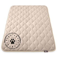 Paw Inspired washable padded crate mat with soft plush top for cozy naps.