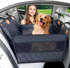 Paw Jamboree back seat extender with hard bottom supports large dogs during car trips.