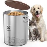 Paw Libero 25lbs stainless steel dog food container on counter for bulk storage.
