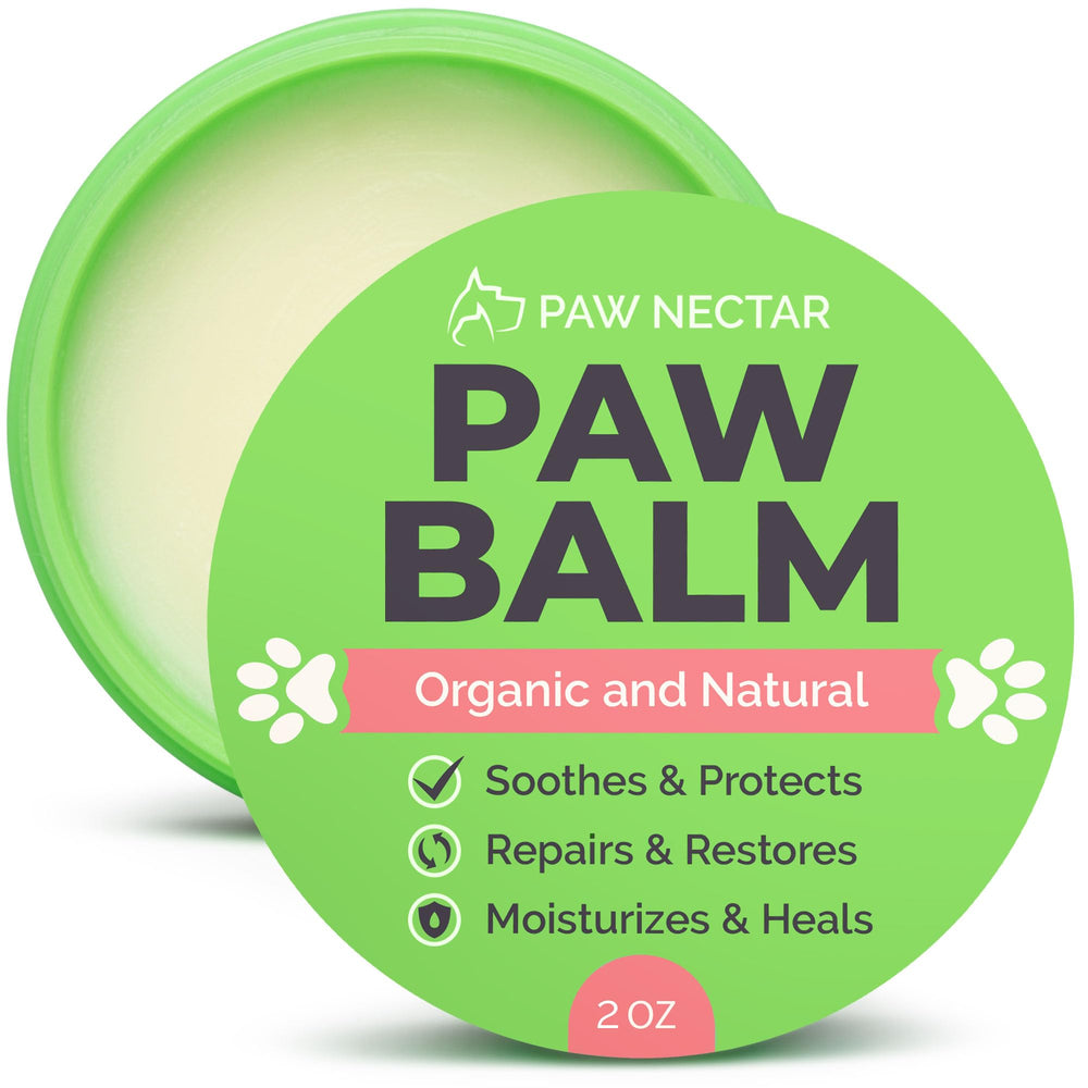 Paw Nectar natural paw balm tin illustrating soothing organic formula for dog paw care.