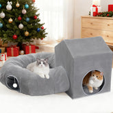Pawaboo cat tunnel bed under Christmas tree offers instant play space for curious cats.