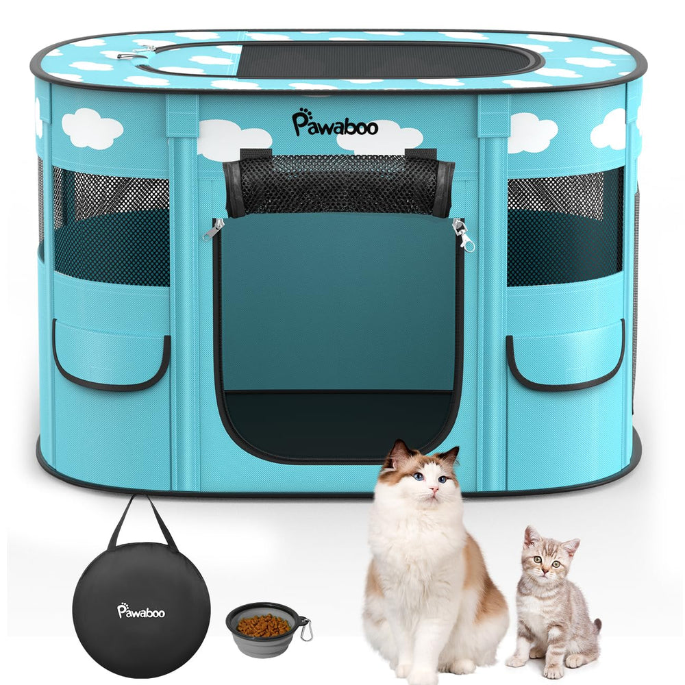 Pawaboo dog playpen in blue and white clouds provides a safe indoor space.