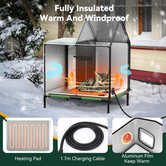 Pawaboo heated cat house elevated base keeps paws off cold ground for warmth.