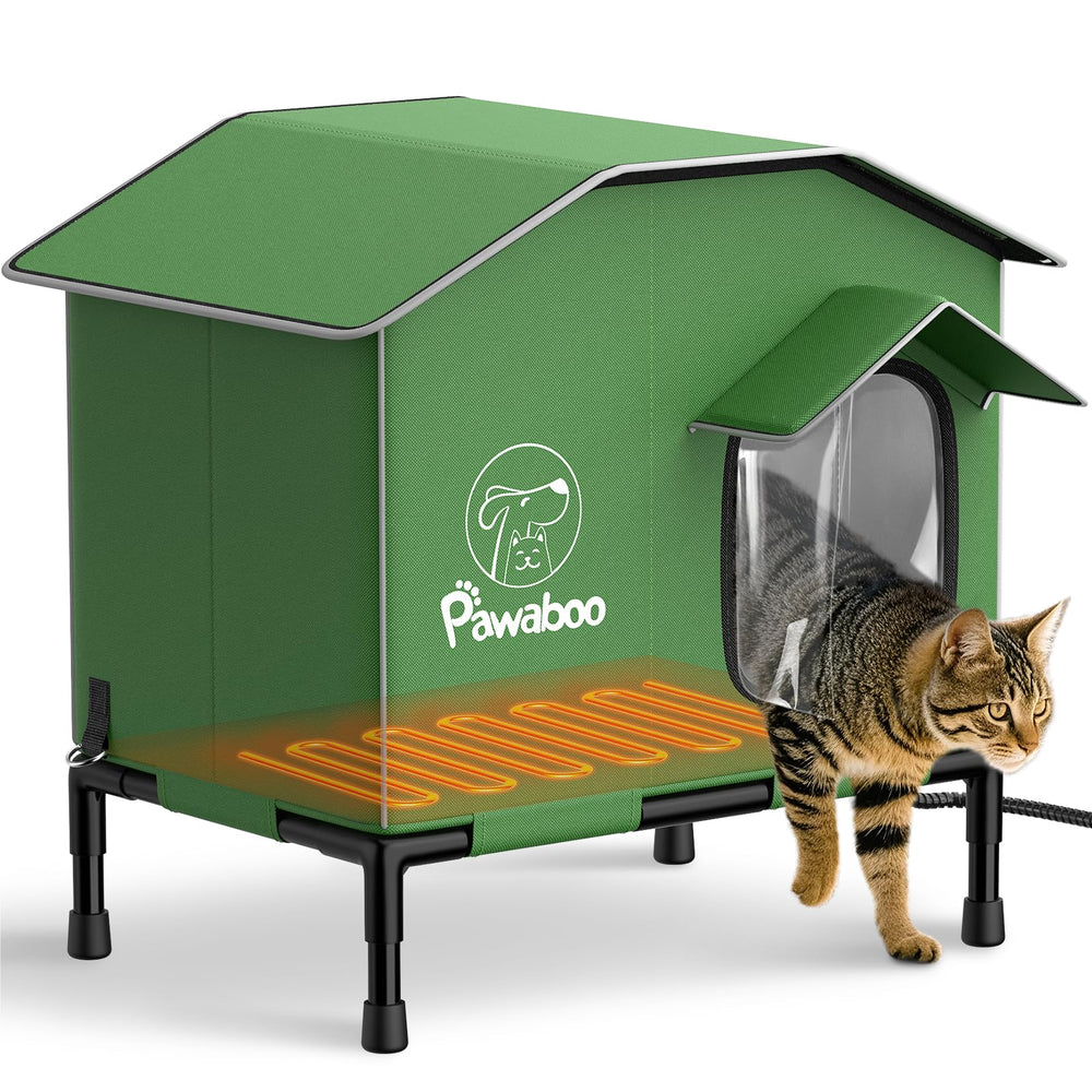 Pawaboo heated cat house outdoor front view shows weatherproof winter shelter