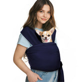 Pawaboo pet sling carrier front view in navy blue for hands-free walking with small dog.