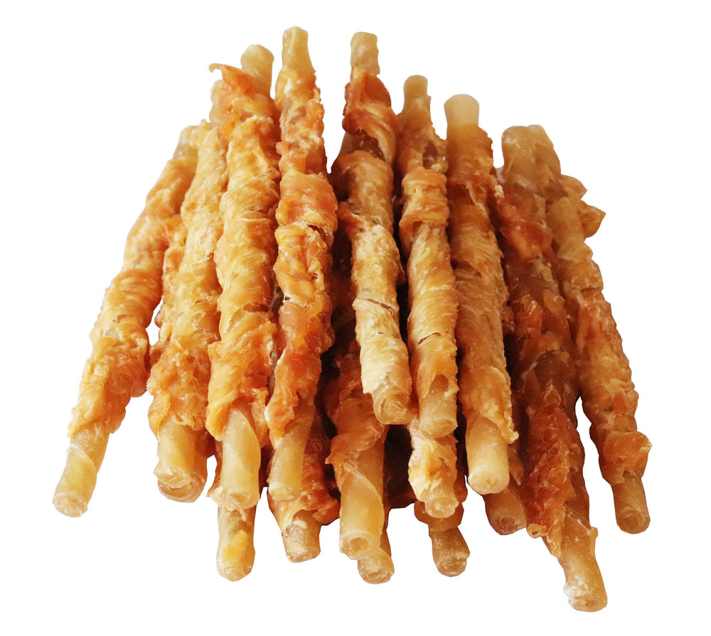 Pawant chicken wrapped rawhide stick closeup for dogs, ideal chew for training rewards