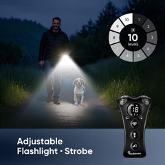 PawBehave ultrasonic bark deterrent flashlight mode provides night-time visibility for outdoor training.