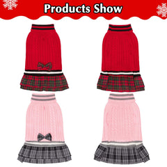 PAWCHIE dog sweater dress bowtie red plaid skirt close-up festive look