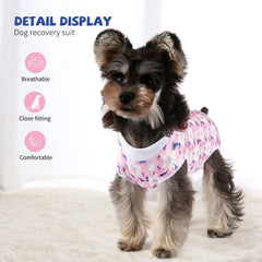 Pawcomon dog surgery recovery suit pink flower M, back view, helps protect abdominal wounds.