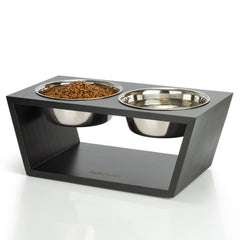 Pawfect Pets elevated dog bowl stand—black close-up shows sturdy 7-inch height for comfortable feeding.