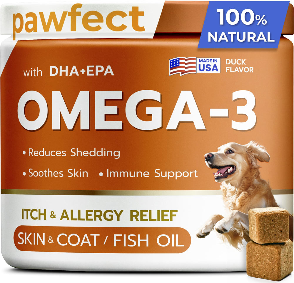 PAWFECTCHEW fish oil dog chews bottle shows omega-3 for skin and coat support