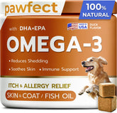 PAWFECTCHEW fish oil dog chews bottle shows omega-3 for skin and coat support