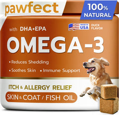 PAWFECTCHEW fish oil dog chews bottle shows omega-3 for skin and coat support