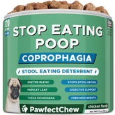 PAWFECTCHEW No Poo Chews bottle front highlighting coprophagia deterrent for dogs.