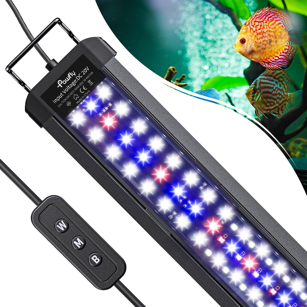 Pawfly 28W aquarium light with extendable bracket for 36–42 inch tanks.
