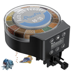 Alimentador automático Pawfly para peces con capacidad de 108 ml para porciones controladas.