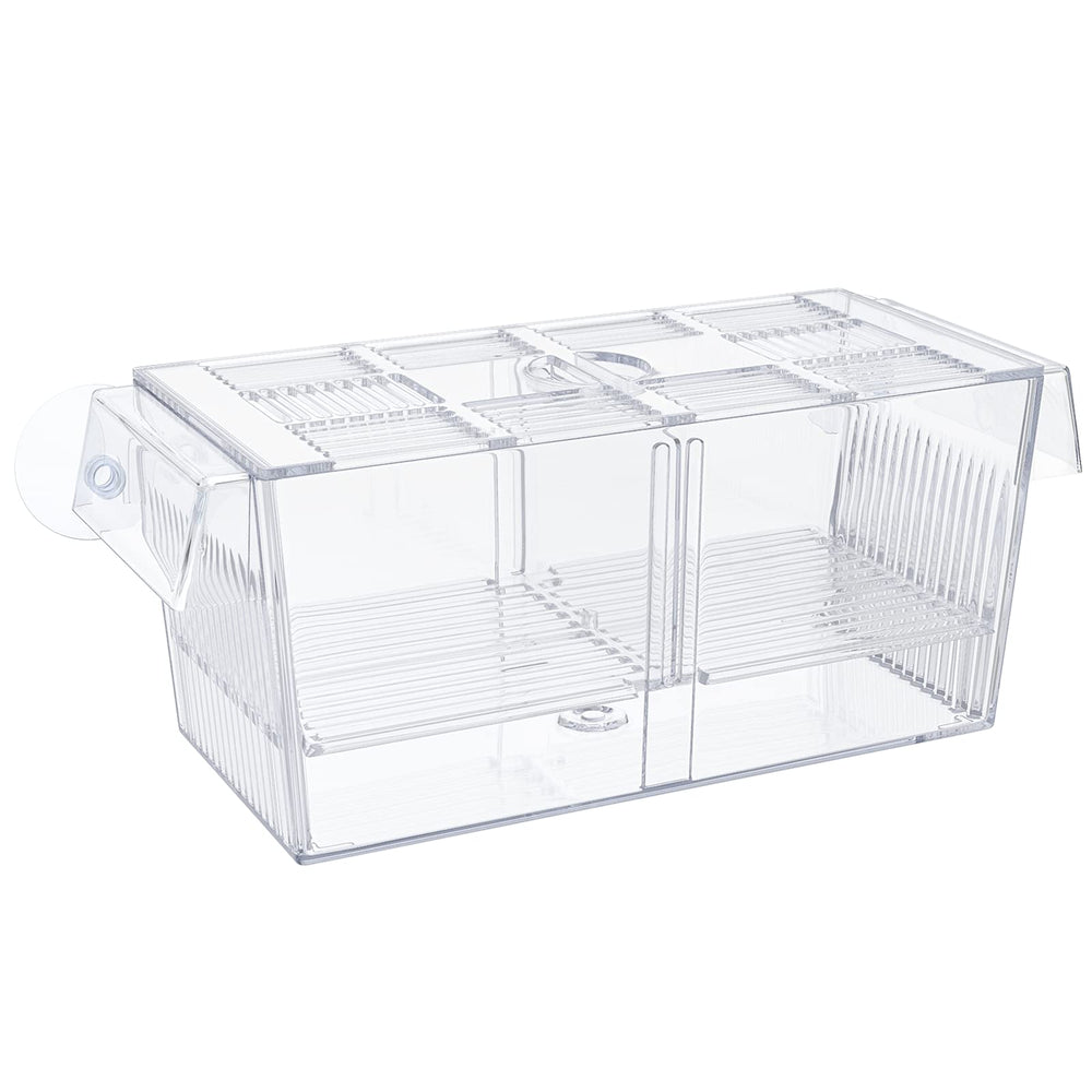 Pawfly breeding box front view shows large hatchery area for fry protection.