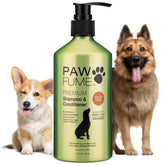 PAWFUME botella-champu-deslanado-perro muestra limpieza suave y brillo duradero.