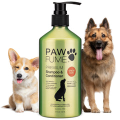 PAWFUME botella-champu-deslanado-perro muestra limpieza suave y brillo duradero.