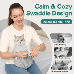 Pawfun breathable fabric cat wrap grey demonstrating comfortable use during brushing