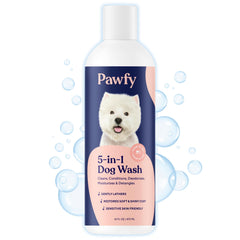 Pawfy anti-itch dog shampoo bottle close-up for itch relief and fresh scent.