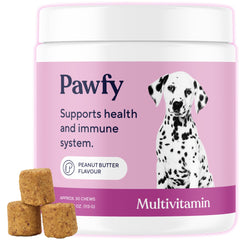 Pawfy 15-in-1 bottle close-up highlighting vitality support