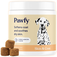Pawfy packaging shows bacon-flavored salmon oil chews for dogs, supporting skin and coat comfort.