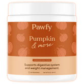 Pawfy pumpkin powder packaging shows natural pumpkin fiber for dogs' digestive comfort.