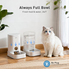 PAWGETHER gravity cat feeder dispensing action showing continuous flow