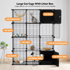 PAWING cat enclosure built-in litter box includes a private area for mess-free litter changes.