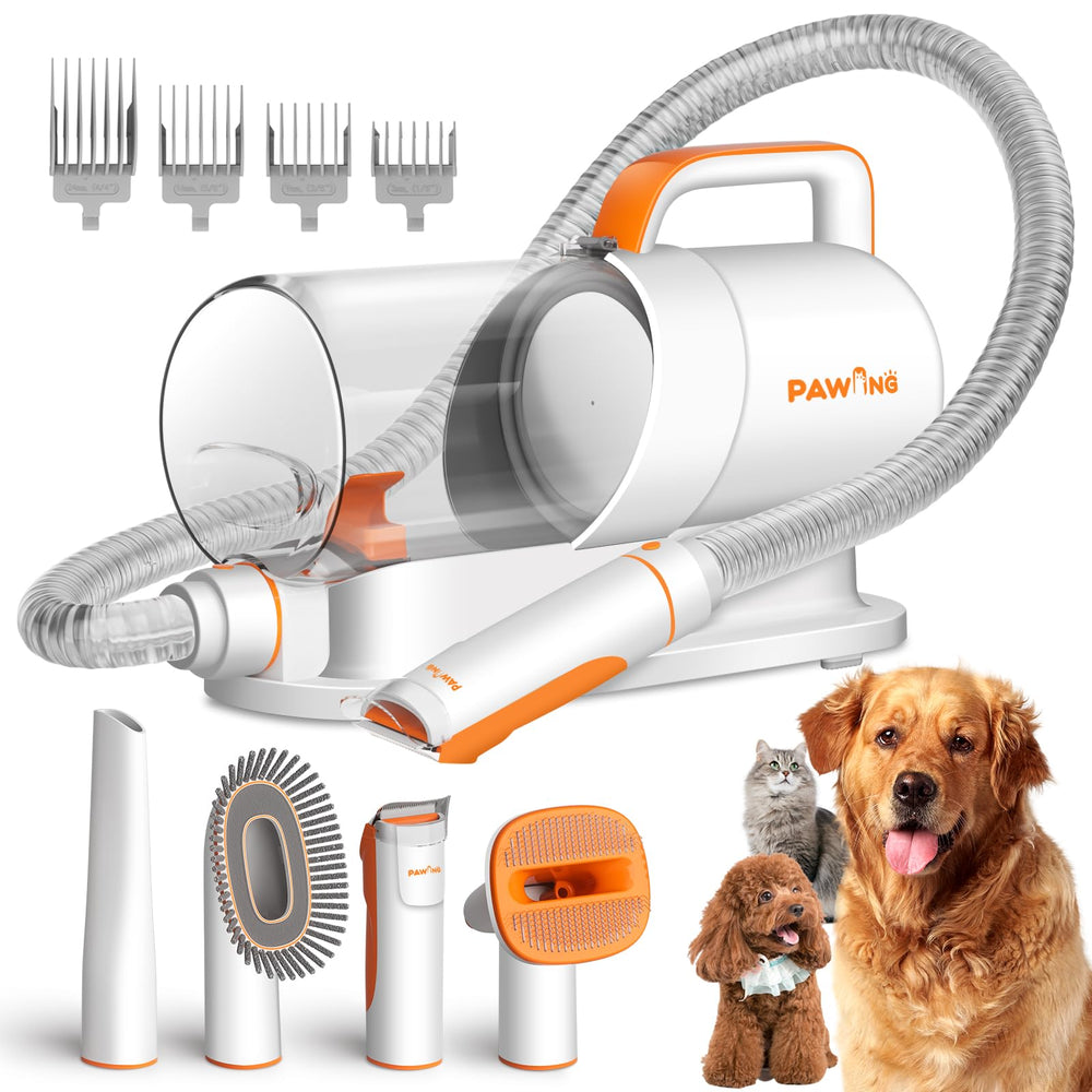 PAWING pet grooming kit vacuum captures loose hair during grooming sessions