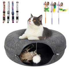 PAWISE Peekaboo Cat Cave Bed top view showing a cozy resting surface and playful tunnel for indoor cats.