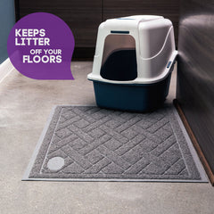 Pawkin Cat Litter Mat with non-slip backing stays in place during active play.
