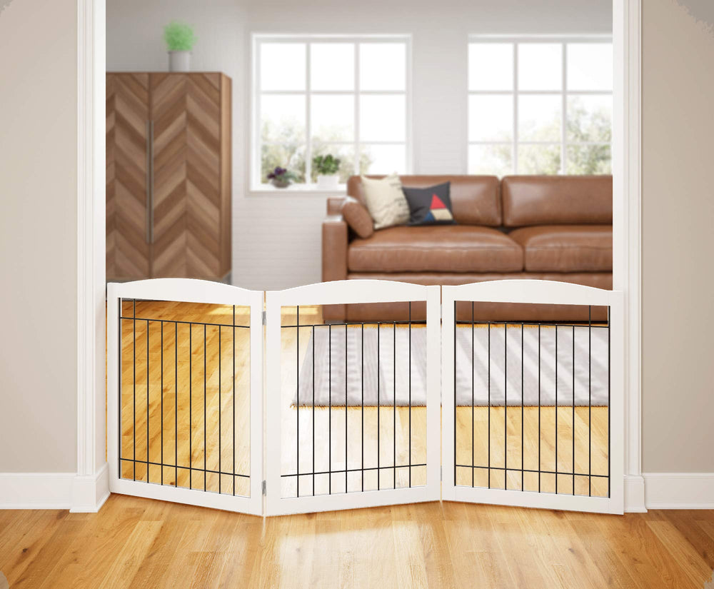 PAWLAND Extra Wide Dog Gate unfolded in accordion form for easy hallway access control.