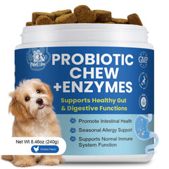 Pawlooza probiotics dog allergy chews bottle shows daily gut balance and skin comfort.