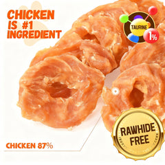 Pawmate chicken jerky rings closeup highlights chewy texture ideal for training rewards.