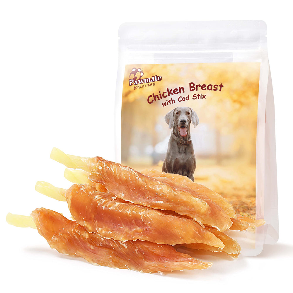 Pawmate chicken tender wrapped cod stick close-up highlights chewy texture for dogs