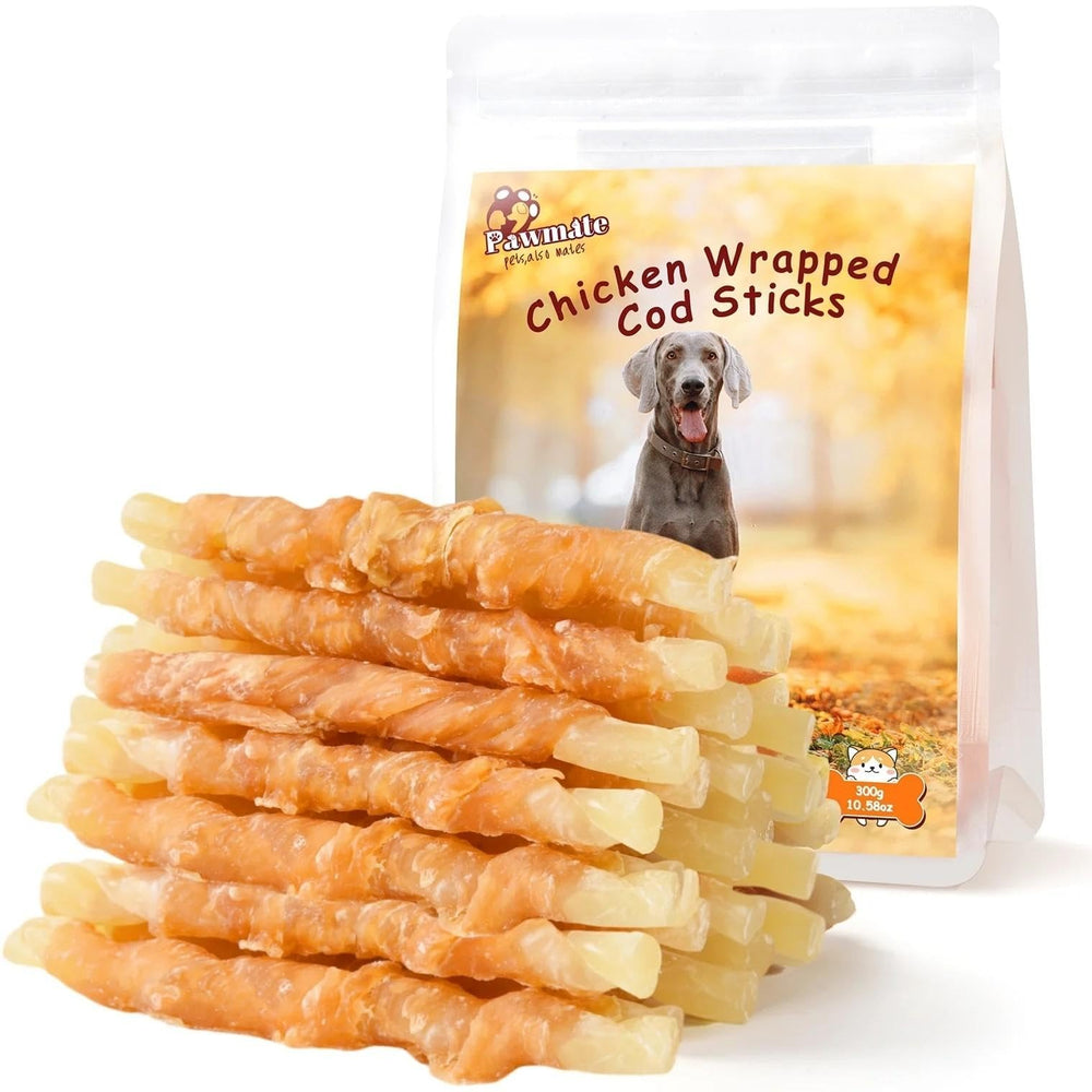 Pawmate Chicken Wrapped Cod Sticks hero image shows tasty natural treats for dogs