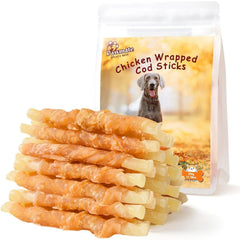 Pawmate Chicken Wrapped Cod Sticks hero image shows tasty natural treats for dogs