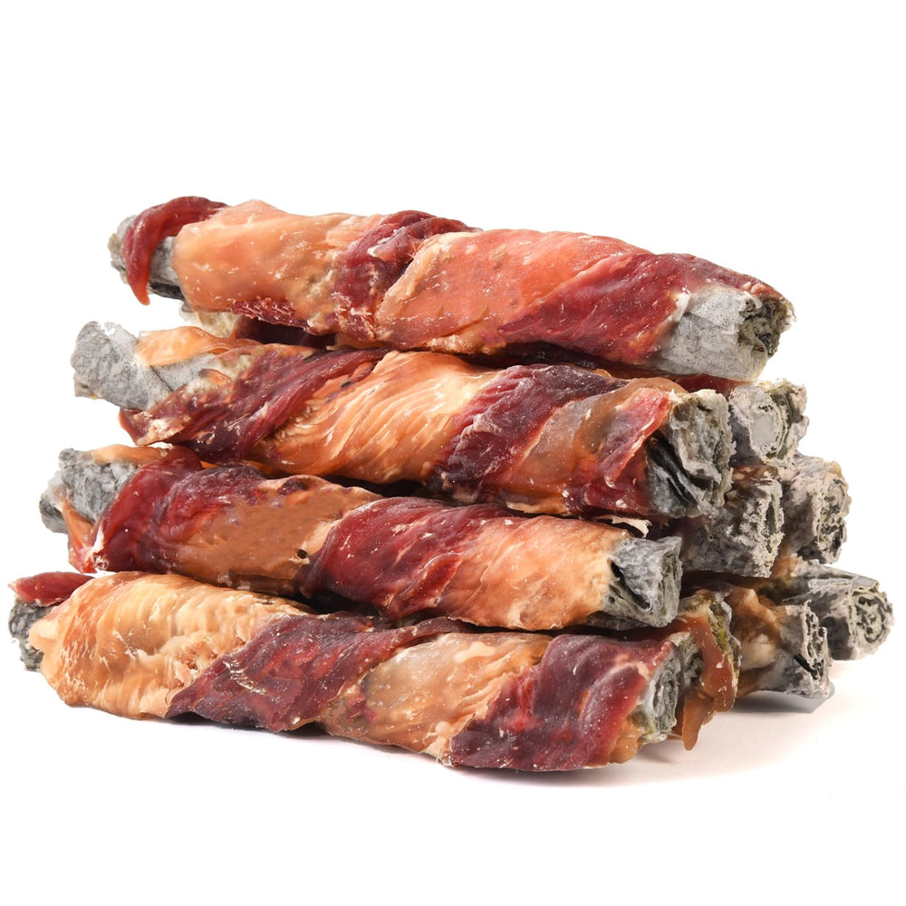 Pawmate chicken-duck-wrapped cod skin stick closeup, durable chew for dental care