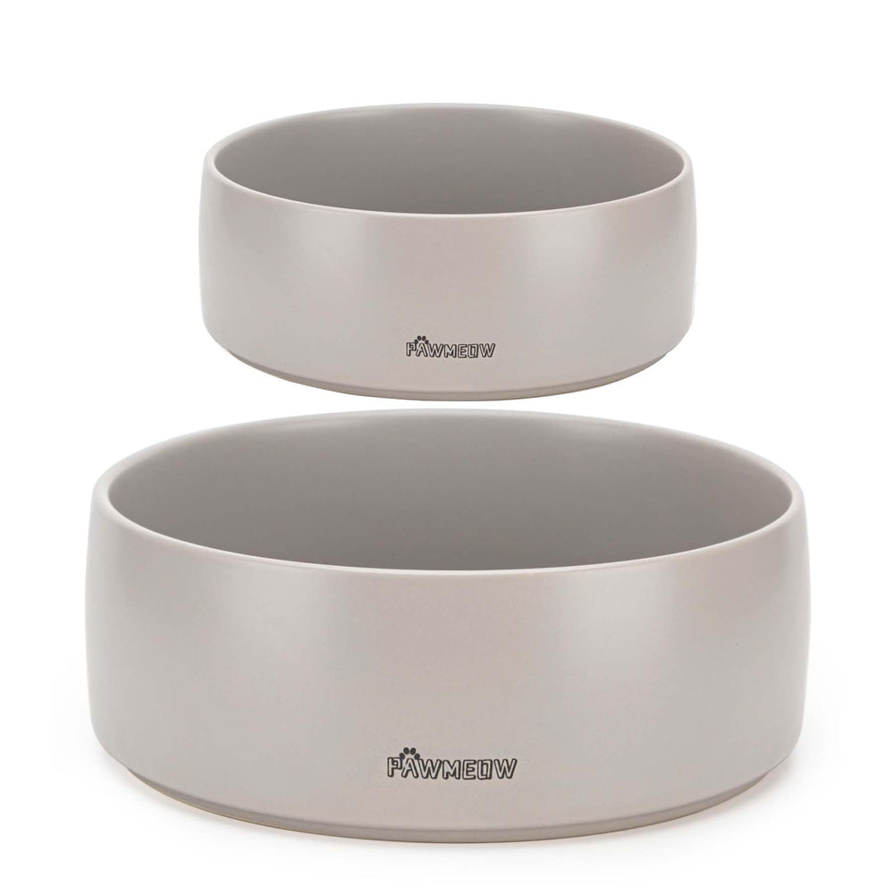 PawMeow ceramic dog bowl set gray two-piece pack, spill-resistant and durable.