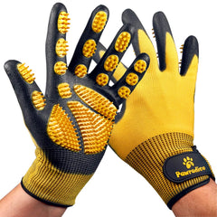 Pawradise grooming gloves on hand for comfortable deshedding of cats and dogs.