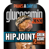 Paws A Day glucosamine dog bottle closeup highlights joint support chews.