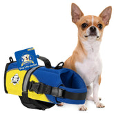 Paws Aboard blue-yellow dog life jacket hero keeps dogs visible during water fun.