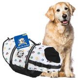 Paws Aboard dog life jacket close-up shows adjustable straps for a secure fit.