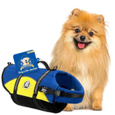 Paws Aboard dog life jacket blue-yellow front view with secure fit for outdoor water play.