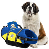 Paws Aboard dog life jacket on blue and yellow for safe swimming and visibility